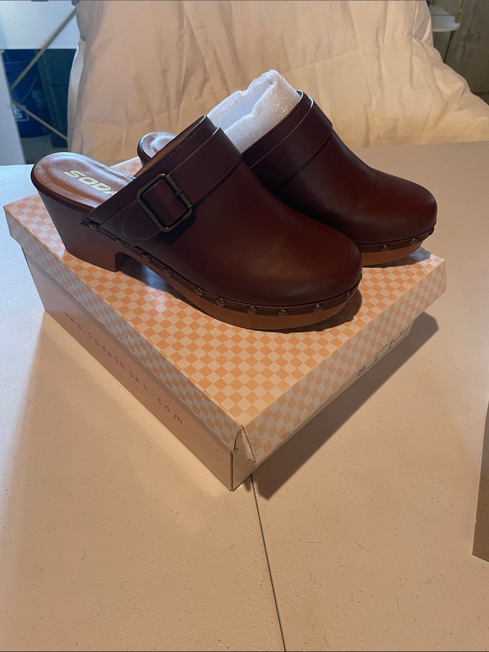 Soda Dark Brown Leather Studded Clogs with Buckle